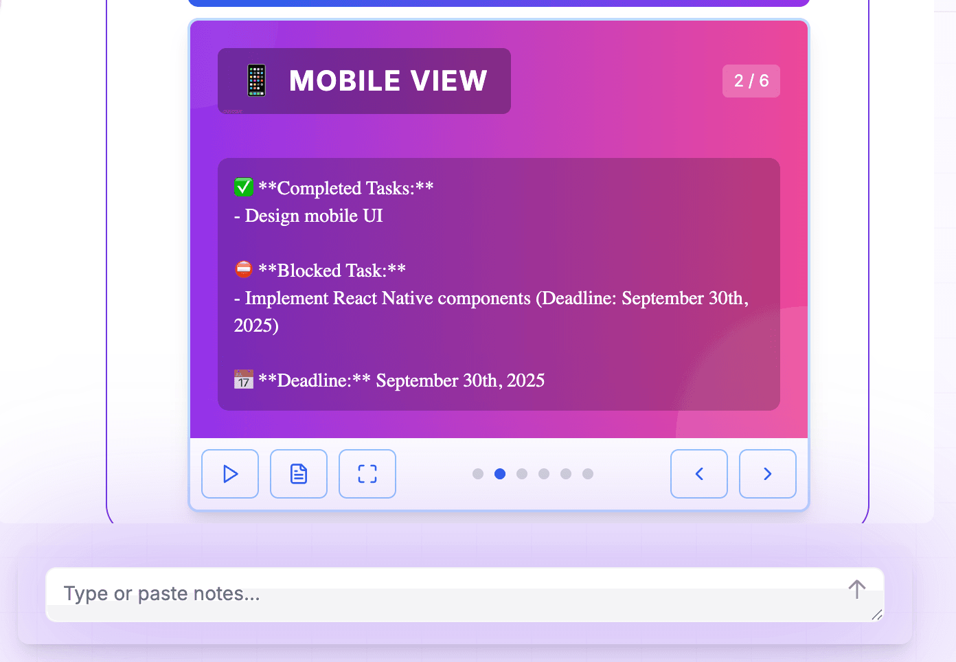 RoryPlans mobile progress report showing completed tasks, blocked items, and upcoming deadlines