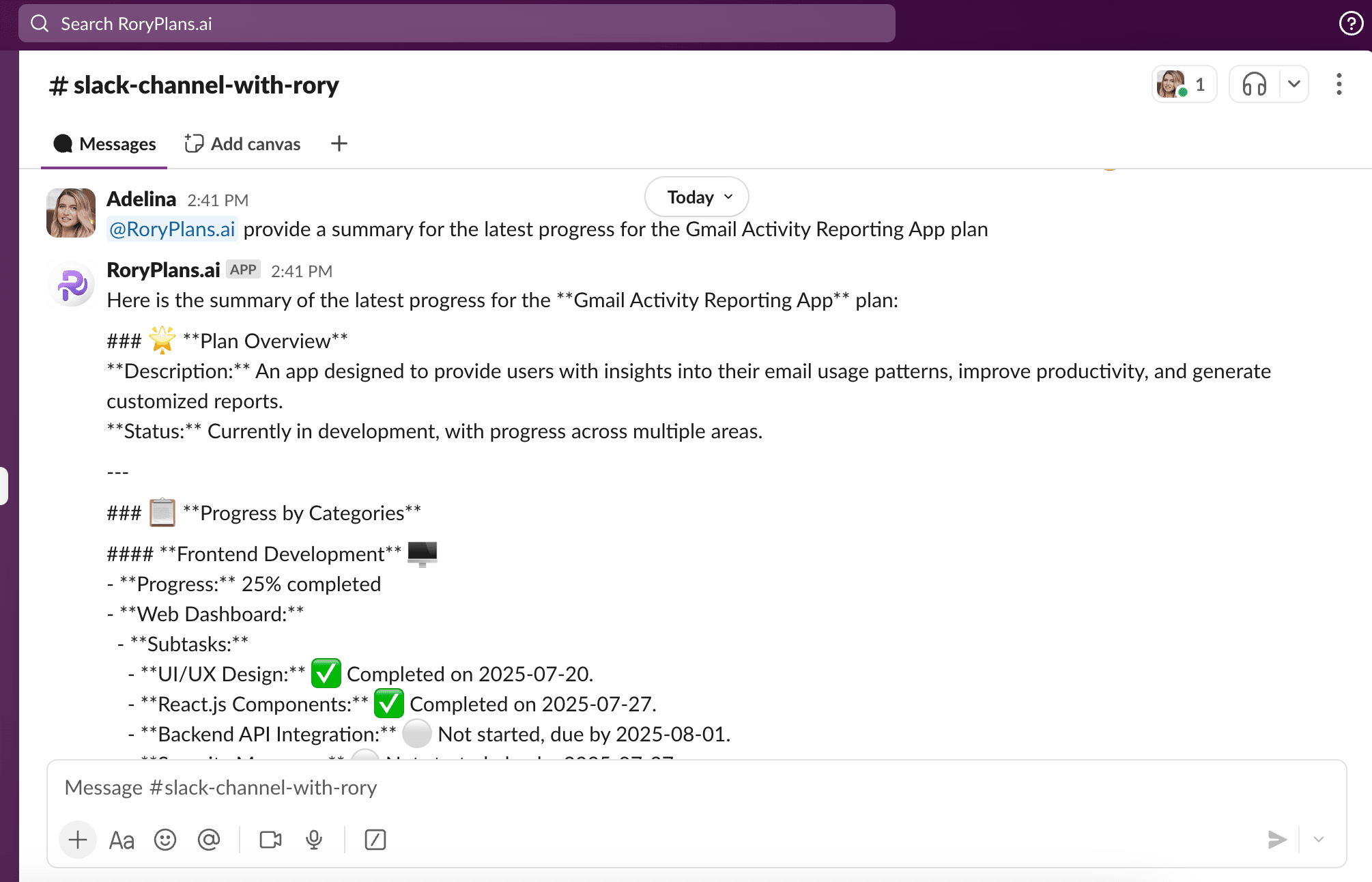 RoryPlans Slack integration for team collaboration