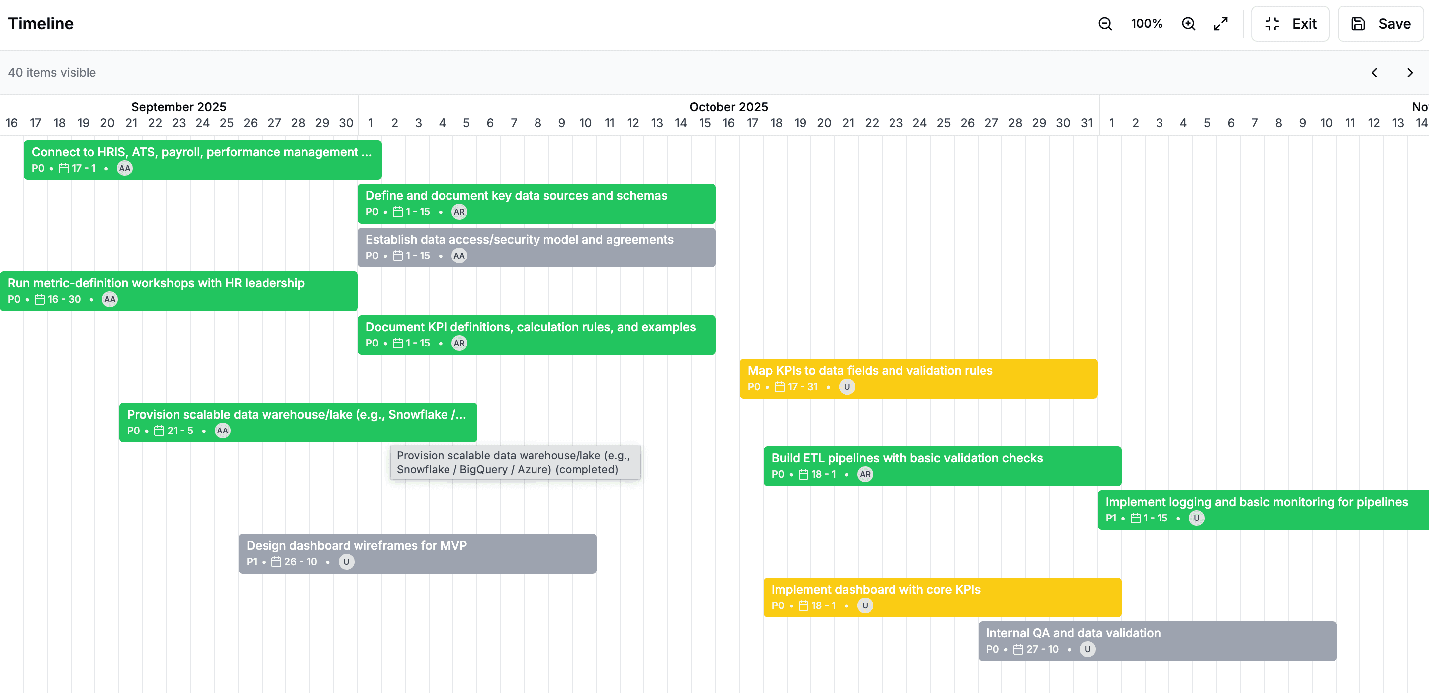 RoryPlans timeline view showing project tasks across July, August, and September